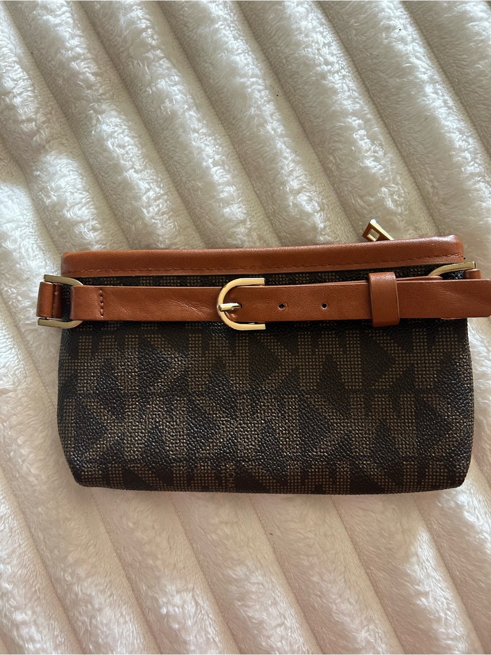 30%off Michael Kors Brown Monogram Wristlet with Tan Leather Trim